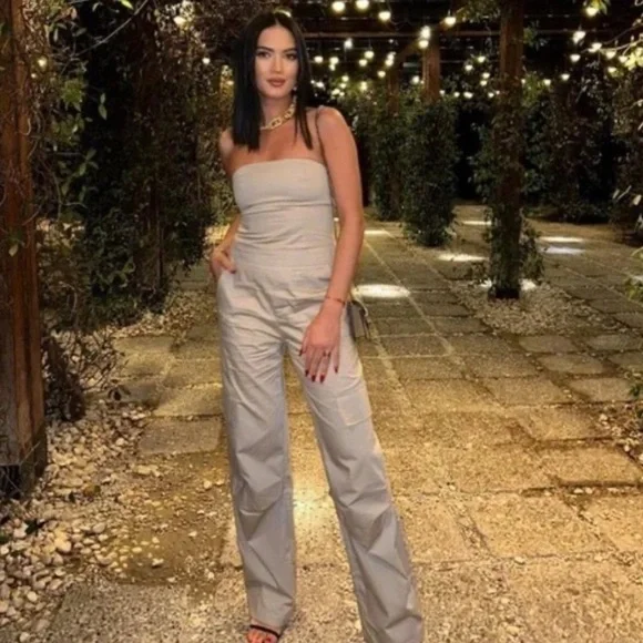 Zara NWT beige cargo long strapless jumpsuit - Picture 5 of 7